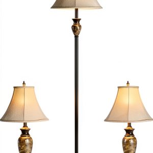 Tangkula Traditional Lamp Set Linen Shades Rotary Switch-0