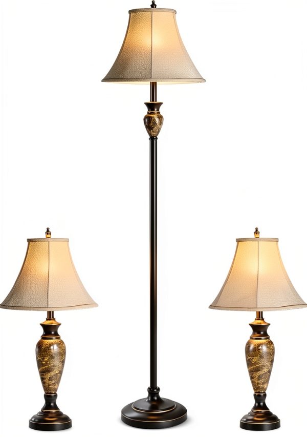 Tangkula Traditional Lamp Set Linen Shades Rotary Switch-0
