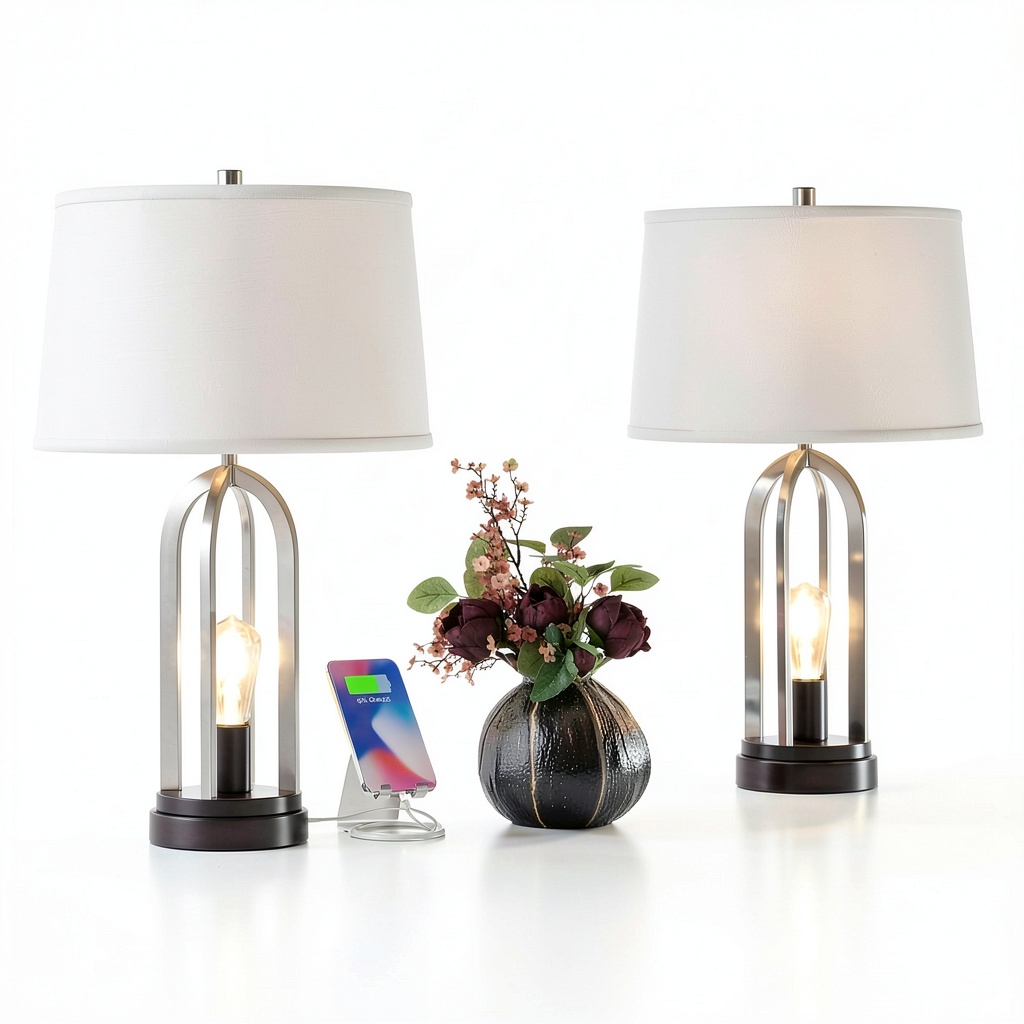 Set of two modern USB lamps with brushed nickel finish and white drum shades