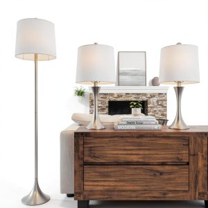 Lavish Home Silver Floor Table Lamp Set Brushed Steel-0