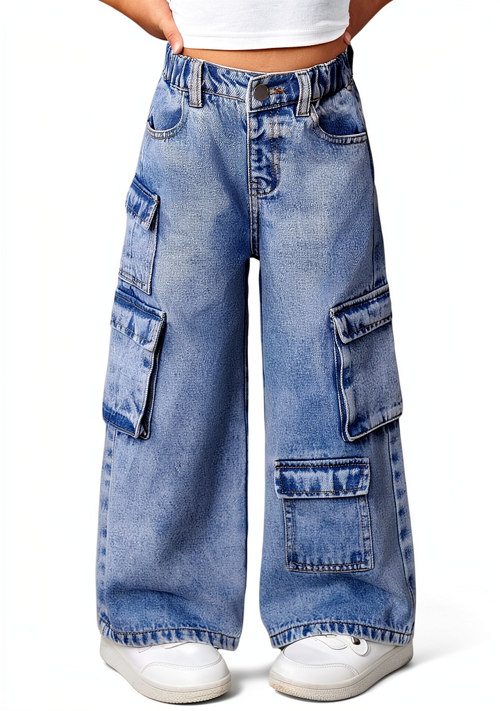 Toddler girl wearing KidsStyle baggy denim jeans in medium wash