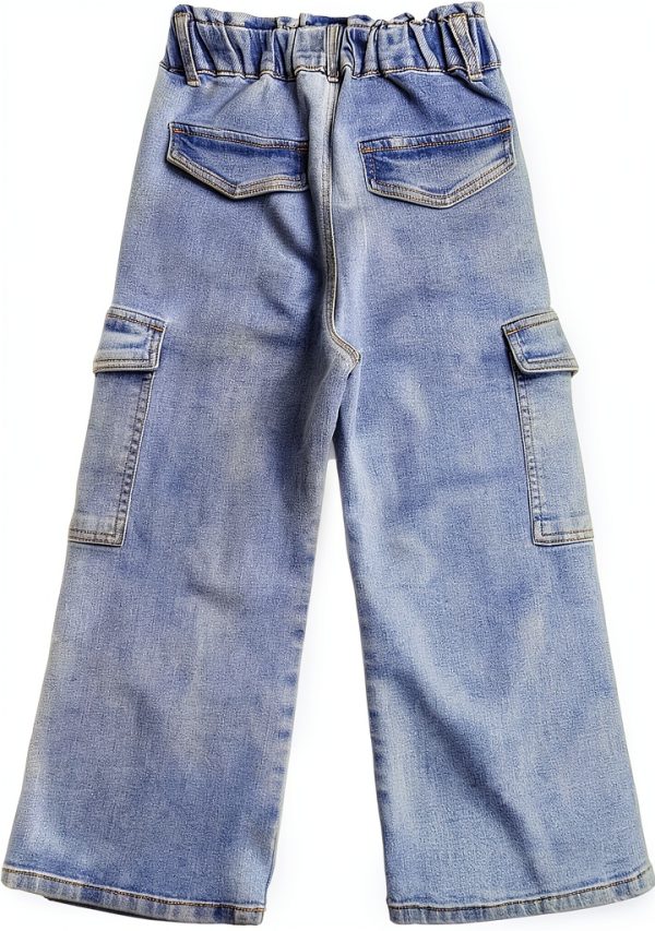 KidStyle Lightblue Girls Cargo Jeans Wide Leg Denim with Elastic Waist-1