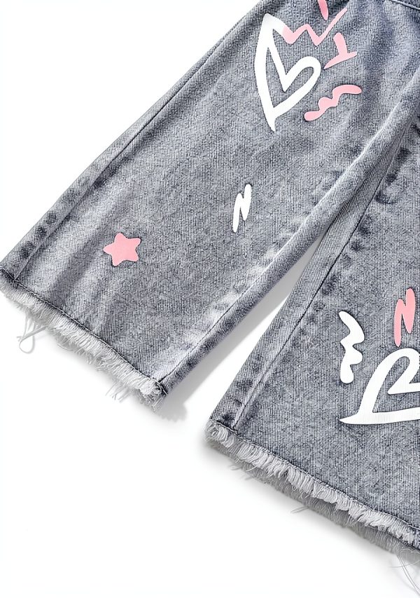 Little Trendy Denim Girls Pants Light Wash 4T-7 Years Cute Heart Print-4