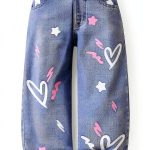 Little Trendy Denim Girls Pants Light Wash 4T-7 Years Cute Heart Print-0