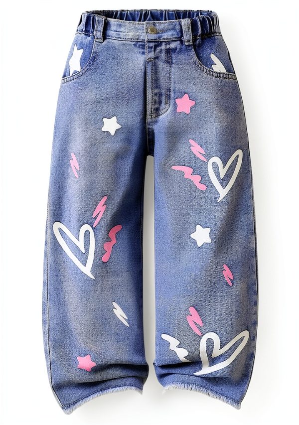 Little Trendy Denim Girls Pants Light Wash 4T-7 Years Cute Heart Print-0