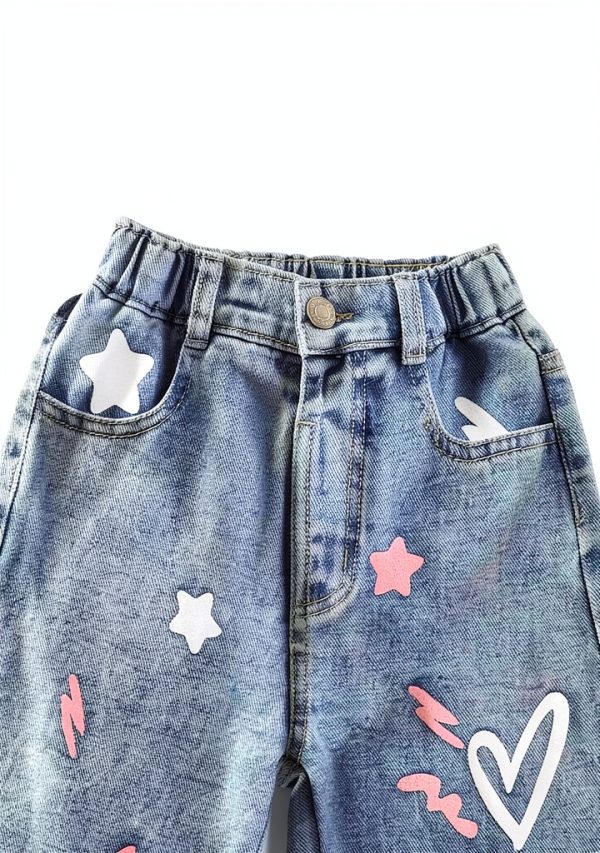 Little Trendy Denim Girls Pants Light Wash 4T-7 Years Cute Heart Print-2