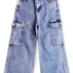KidStyle Lightblue Girls Cargo Jeans Wide Leg Denim with Elastic Waist-0