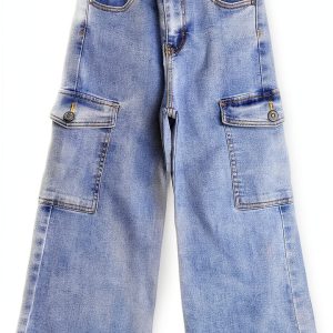 KidStyle Lightblue Girls Cargo Jeans Wide Leg Denim with Elastic Waist-0