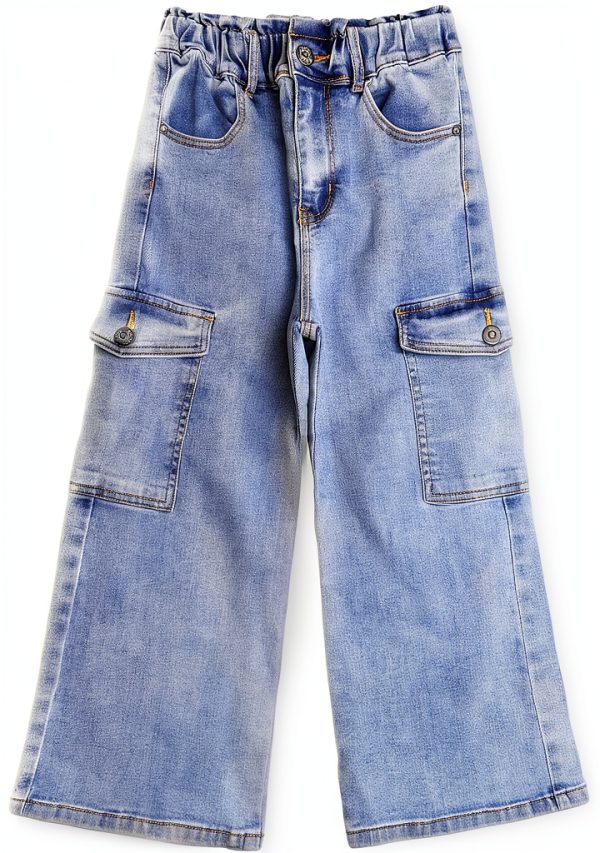 KidStyle Lightblue Girls Cargo Jeans Wide Leg Denim with Elastic Waist-0