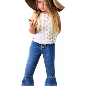 Little Miss Denim Dark Blue Toddler Bell Bottom Jeans 2-3T to 6-7Y-0