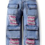 Verdusa Toddler Girl's Distressed Ripped Jean Cargo Pants Y2K Leg Denim Pants with Pockets-0