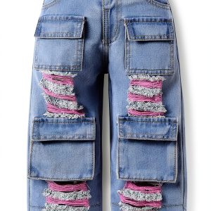 Verdusa Toddler Girl's Distressed Ripped Jean Cargo Pants Y2K Leg Denim Pants with Pockets-0