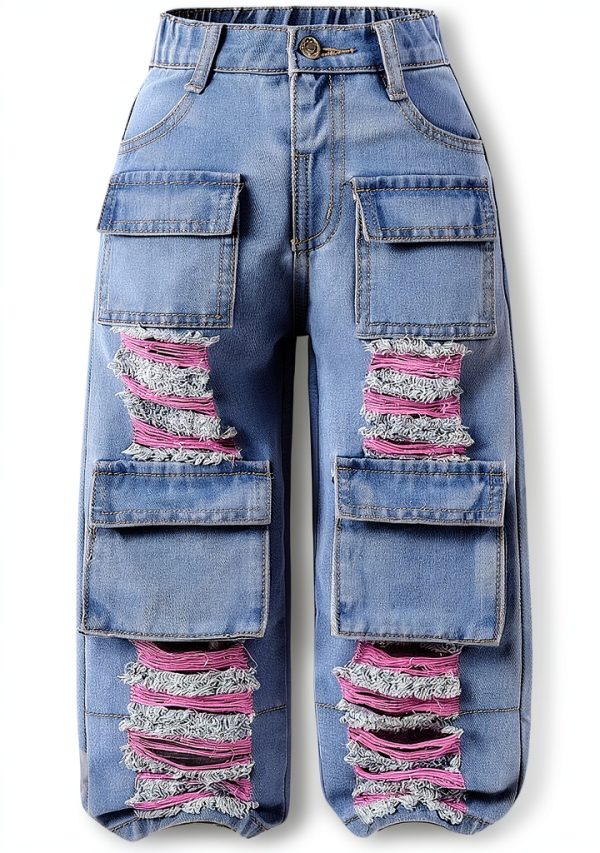 Verdusa Toddler Girl's Distressed Ripped Jean Cargo Pants Y2K Leg Denim Pants with Pockets-0