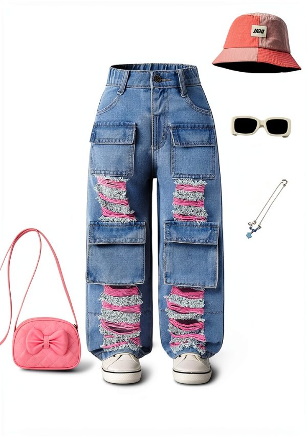 Verdusa Toddler Girl's Distressed Ripped Jean Cargo Pants Y2K Leg Denim Pants with Pockets-5