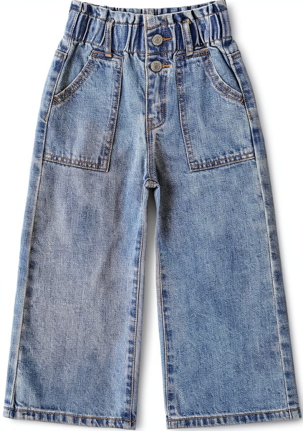 Kidscool Space Baby Girls Jeans Elastic Waist D‑Ring Wide‑Leg Denim-0