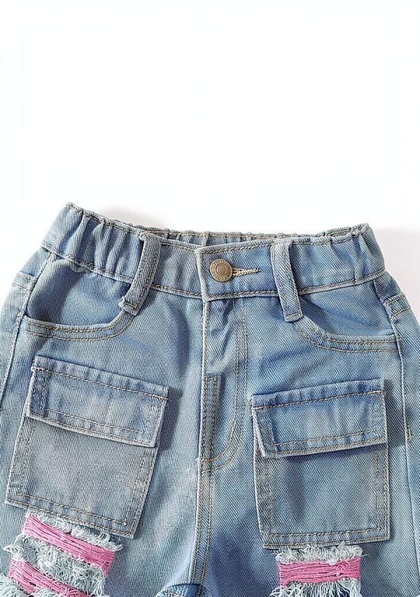 Verdusa Toddler Girl's Distressed Ripped Jean Cargo Pants Y2K Leg Denim Pants with Pockets-2