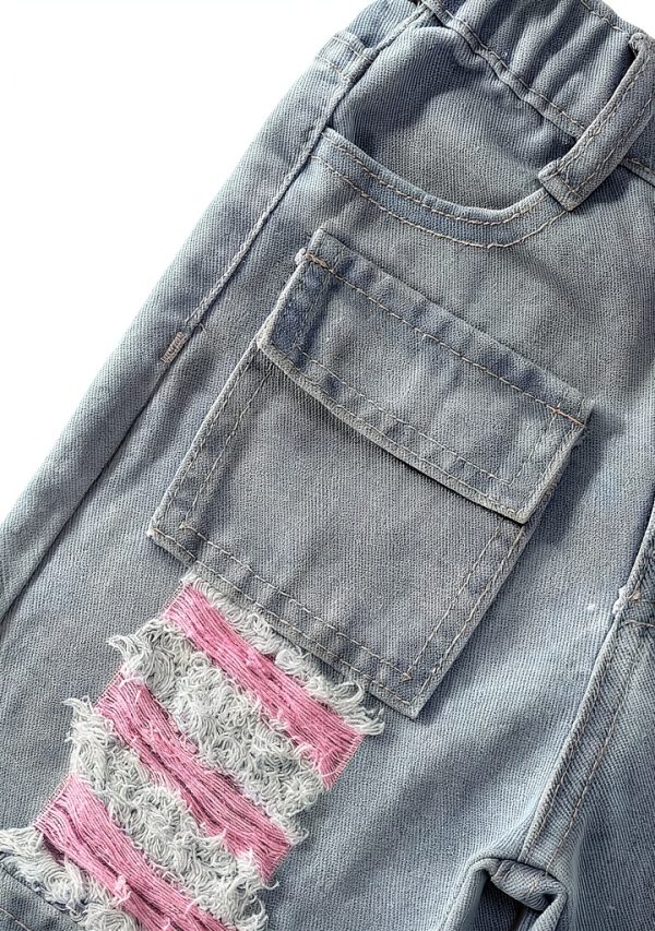 Verdusa Toddler Girl's Distressed Ripped Jean Cargo Pants Y2K Leg Denim Pants with Pockets-3