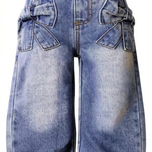 WDIRARA Toddler Girl's Bow Wide Leg Jeans Elastic High Waisted Denim Pants-0