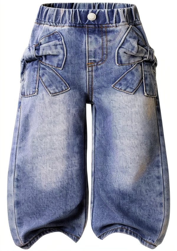 WDIRARA Toddler Girl's Bow Wide Leg Jeans Elastic High Waisted Denim Pants-0