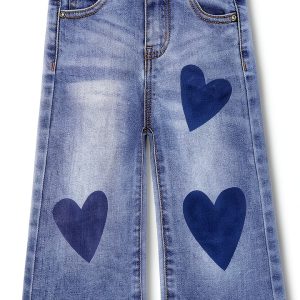 Kidscool Space Girls Wide-Leg Jeans with Heart Leather Tag in Blue-0