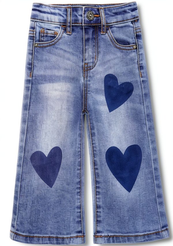 Kidscool Space Girls Wide-Leg Jeans with Heart Leather Tag in Blue-0