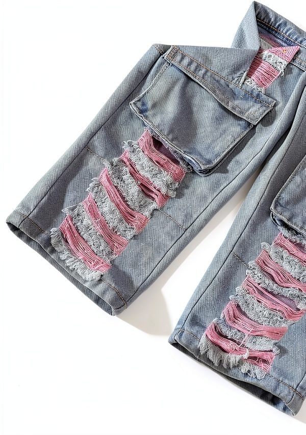 Verdusa Toddler Girl's Distressed Ripped Jean Cargo Pants Y2K Leg Denim Pants with Pockets-4