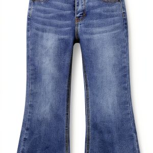 KIDSCOOL SPACE Baby Little Girls Flared Jeans, 12M-5T Raw Edge Hem Stretchy Denim Pants-0