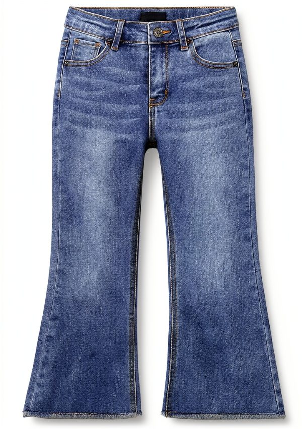 KIDSCOOL SPACE Baby Little Girls Flared Jeans, 12M-5T Raw Edge Hem Stretchy Denim Pants-0